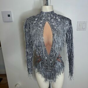 Wow! Gorgeous and Elegant Silver Embellished Bodysuit with fringes ❤️S/M